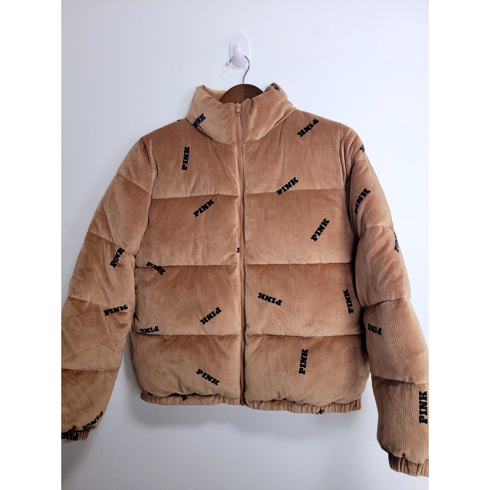 Victoria's Secret PINK Corduroy Puffer Jacket Tan Logo Print Mock Neck Medium